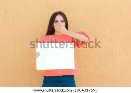 Cheerful Woman Holding White Blank Advertising Sign. Promoter girl showcasing commercial signboard
