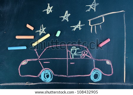 Car on road, child's drawing with chalk