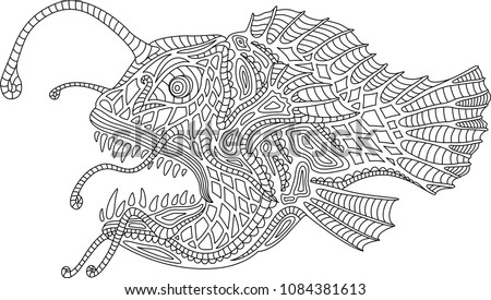Coloring book page with angler fish on white background