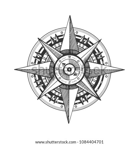 Medieval wind rose engraving raster illustration. Scratch board style imitation. Black and white hand drawn image.