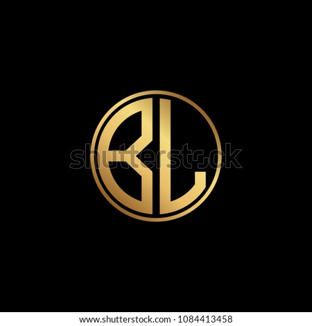 Initial letter BL, minimalist line art monogram circle shape logo, gold color on black background