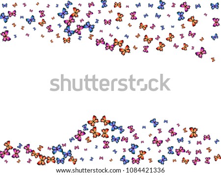 Beautiful decorative butterfly silhouette kite backdrop on white. Season butterfly hover theme vector in pink, violet, red, blue and purple colors. Repeating insect soar clipart for wallpaper.
