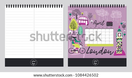 Beautiful  Calendar Template Organizer and Schedule with place for Notes. Vector illustration. Print Design.
