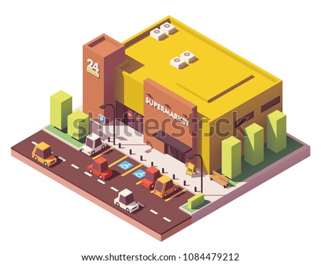 Vector isometric low poly supermarket or grocery store building Royalty-Free Stock Photo #1084479212