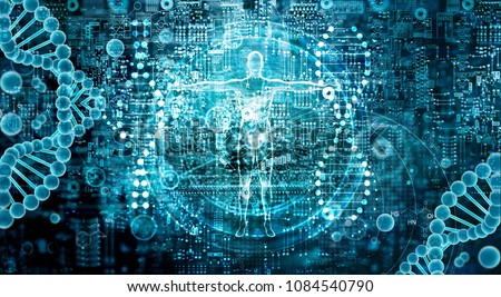 Genetic research and Biotech science Concept. Human Biology technology on abstract digital background. Royalty-Free Stock Photo #1084540790