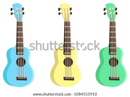 Set colored ukulele. Yellow, green, pigeon, orange, pink, blue colored instrument, decor with flowers. Music instrument. 
Rest, hawaii, 	
melody. Modern vector flat image isolated on white background.