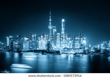 night view of shanghai skyline with blue tone,  China