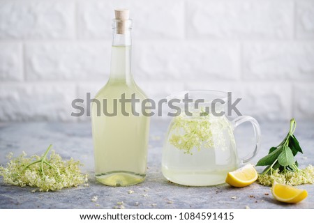 Homemade elderflower  syrup with freshly picked elderflowers. The flowers are edible and can be used to add flavour and aroma to both drinks and desserts.   Royalty-Free Stock Photo #1084591415