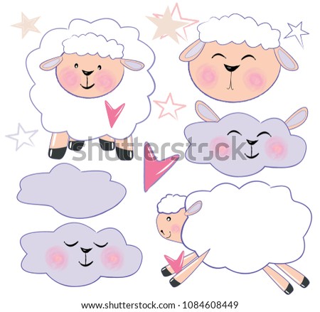 Portrait of a cute sheep with lovely clouds and stars. Nice set of vector cartoon sheep and sleepin clouds. Sheep toy or character