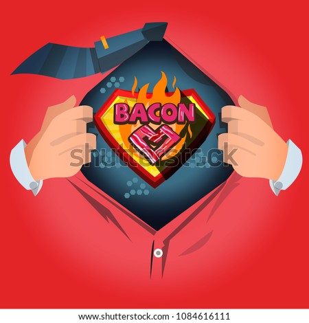 man open shirt to show "Bacon" typographic in cartoon style - vector illustration