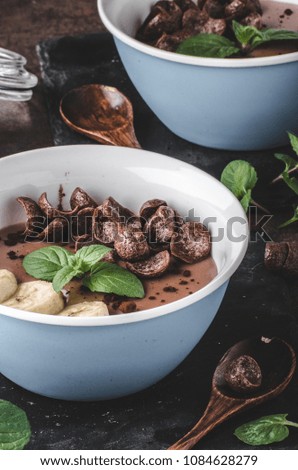 Chocolate pudding, banana and herbs in, food photography, product photo