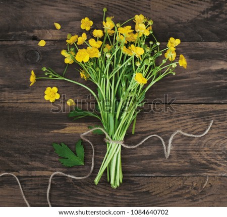 Yellow Little Flowers Bouquet gift Spring Summer Rustic Wooden Background