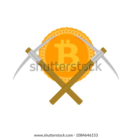 Mining bitcoin and pickaxe. Gold finance miner, crypto digital and virtual cryptocurrency. Vector illustration