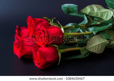  beatiful bouquet of red roses flowers on black  background; horizontal.