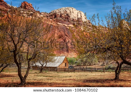 Fruita, Capitol Reef National Park, Utah. This historic district, originally settle by Mormons, contains cabins, barns, the one-room schoolhouse and the orchards.
