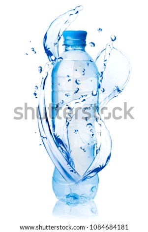 Water bottle and water splashes around on a white. isolated