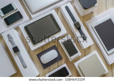 Electronic devices - computer, tablet, computer mouse, disc drive,  smartphone and smart watch . Technology mock up