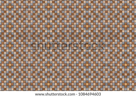 
Geometric blue, brown and dark brown mosaic tiles pattern. Small pieces tiles for construction and renovation works, decorative material for cowering walls and floor.