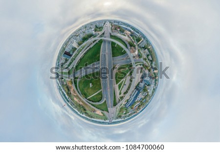 Summer City Planet. Bridge roads in Riga town 360 VR Drone picture for Virtual reality, Panorama