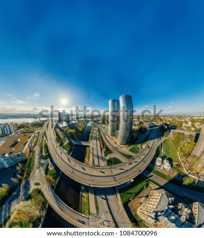 Drone Planet. Houses in Riga city 360 VR air picture for Virtual reality, Panorama of the towers