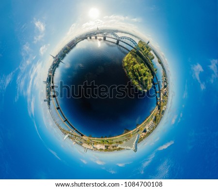 Sphere Planet. Bridge and houses in Riga city, Latvia 360 VR Drone picture for Virtual reality, Panorama