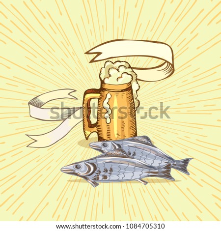 The concept of men's rest in the sauna, bath.Mug with foam beer and dry fish. Vector illustration in the style of sketching.