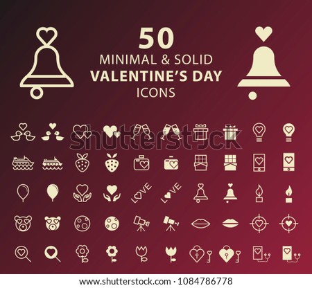Set of 50 Outline and Solid Valentine's Day Icons . Vector Isolated Elements.