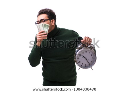 Nerd young man with clock and money isolated on white