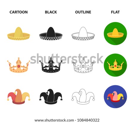 Crown, jester cap, cook, cone. Hats set collection icons in cartoon,black,outline,flat style vector symbol stock illustration web.