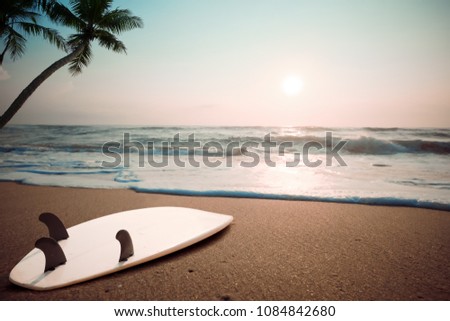 Surfboard on tropical beach at sunset in summer. landscape of summer beach and palm tree at sunset. Vintage color tone