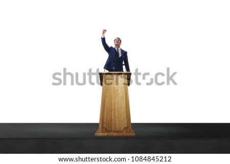 Man businessman making speech at rostrum in business concept Royalty-Free Stock Photo #1084845212