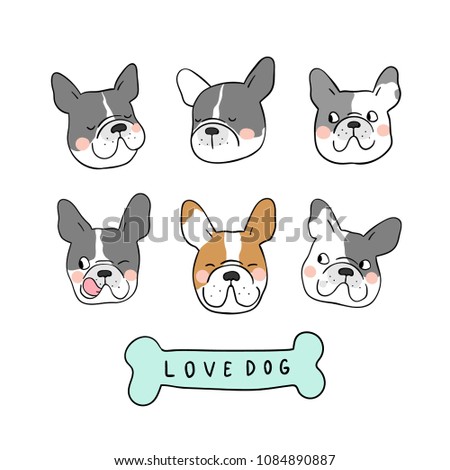 Vector illustration set  design different emotion face of french bulldog. Isolated on white. Draw doodle cartoon style.