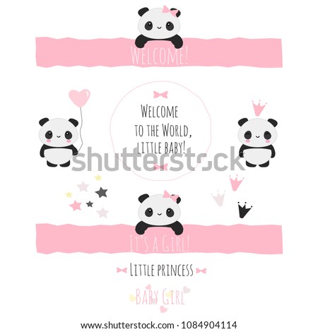 Set of cute vector objects for baby shower in girly pink theme with kawaii panda bears, perfect stuff for invitations, greeting cards, etc.  Royalty-Free Stock Photo #1084904114