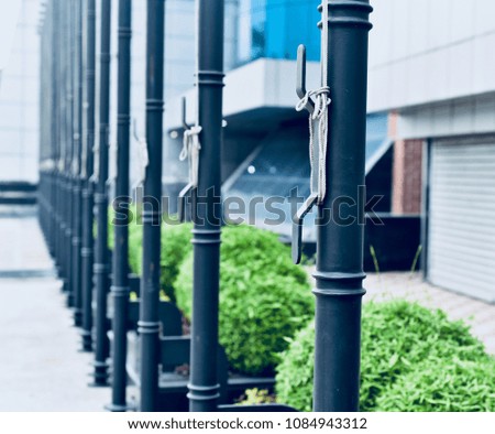 Stylish black pillars in a row with natural green plants isolated unique stock photo