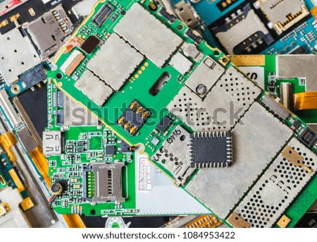 electronic chip close-up on a disassembled mobile phone