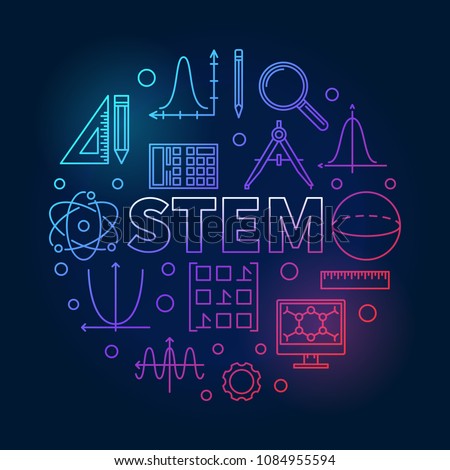 STEM round creative colored illustration in outline style. Vector science, technology, engineering, math circular linear symbol on dark background Royalty-Free Stock Photo #1084955594
