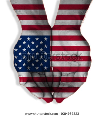 man hands painted as the american flag forming a Join palm