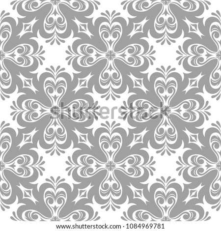 Light gray floral ornament on white background. Seamless pattern for textile and wallpapers