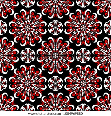 Black red and white floral seamless pattern. Wallpaper, textile and fabrics background