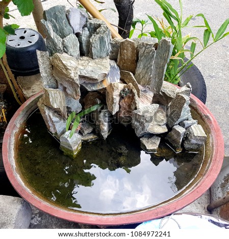 small fish tank. Decorated with stone