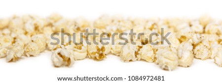 Banner with sweet or salty popcorn, white background, concept party snack