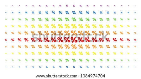 Percent icon spectral halftone pattern. Vector percent objects are organized into halftone matrix with vertical spectrum gradient. Designed for backgrounds, covers,