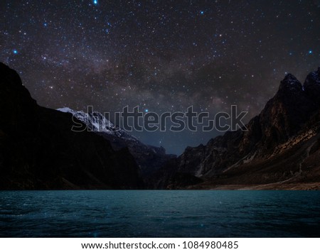 Night Landscape, Silhouette mountain with water on lake and sky full of star with milky way