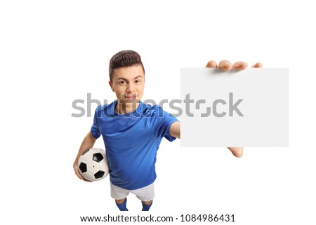 Teenage soccer player showing a blank card isolated on white background