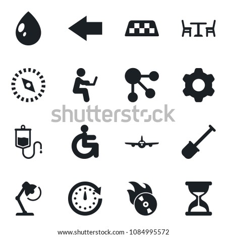 Set of vector isolated black icon - taxi vector, cafe, left arrow, plane, shovel, water drop, dropper, disabled, flame disk, settings, compass, desk lamp, clock, social media, man with notebook