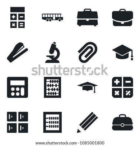 Set of vector isolated black icon - airport bus vector, checkroom, calculator, graduate, abacus, microscope, case, paper clip, pencil, stapler