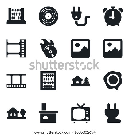 Set of vector isolated black icon - alarm clock vector, tv, abacus, stamp, fireplace, film frame, vinyl, flame disk, gallery, house with tree, power plug