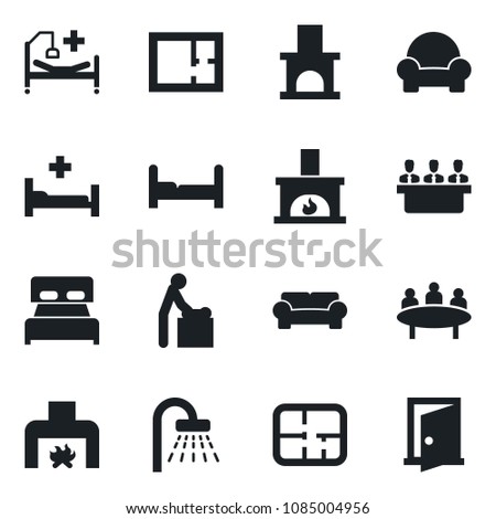 Set of vector isolated black icon - baby room vector, shower, meeting, fireplace, hospital bed, plan, bedroom, cushioned furniture, door