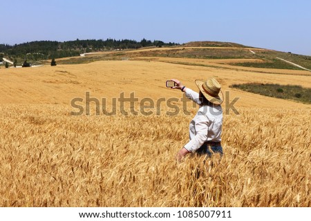 Woman farmer in a straw hat stands among the ripe yellow ears of the wheat field. She uses smartphone to take photos. Harvesting. Israeli countryside landscape. Agricultural theme 