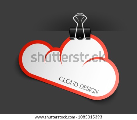 Clothes peg office cloud sticker banner shape. Clerical pin for cloud shape paper background. Office clip with paper cloud sticker poster. Clerical clerk with paper sheet sticker banner